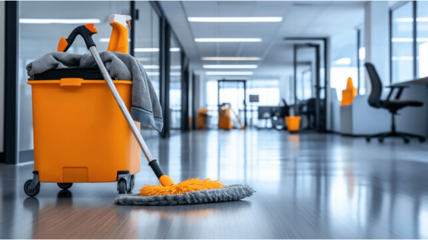 Professional cleaning equipment in a corporate corridor