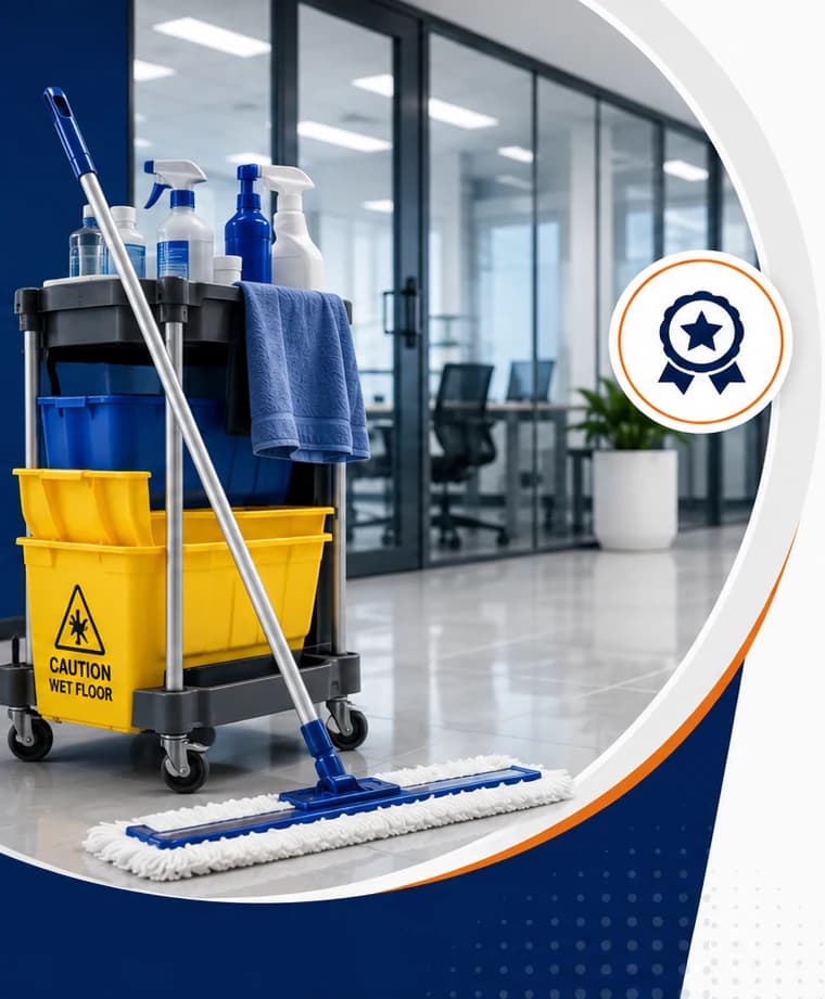 Masana cleaning trolley and flat mop in a corporate office