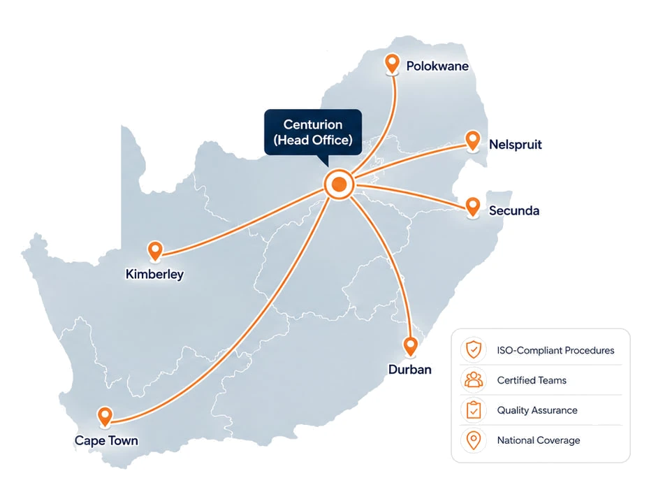 Map of South Africa showing the Masana Centurion head office connected to regional branches in Polokwane, Nelspruit, Secunda, Durban, Kimberley and Cape Town